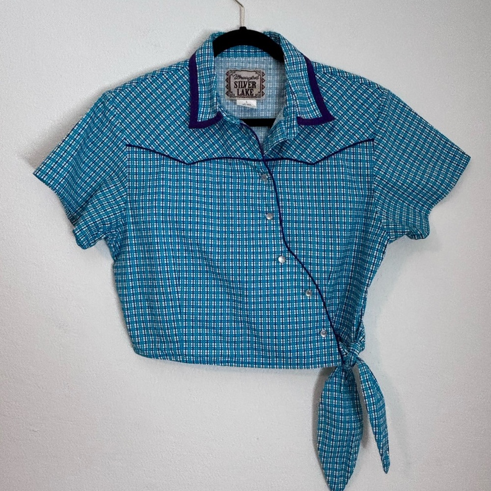 Vintage Wrangler Silver Lake Turquoise Plaid Tie-Front Crop Shirt Size L